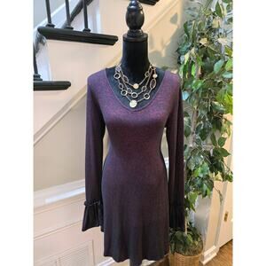 Derek Heart Shift Dress L Merlot Stretch Deep V-Neck Flared Sleeve Casual Party